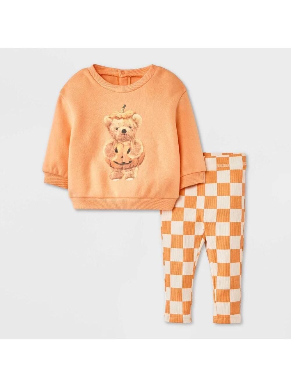 Baby 2pc Teddy Bear Halloween Pumpkin Pullover & Checkered Bottom Set Newborn